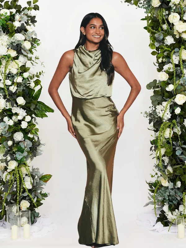Don't Wait Drape Neck Maxi Satin Dress / Olive