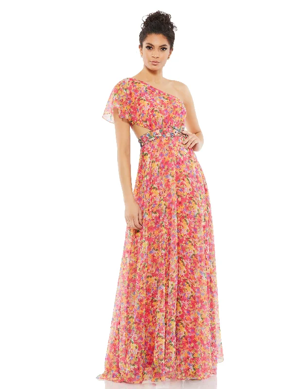 Reduced Prices Floral Print One Shoulder Butterfly Sleeve A Line Gown