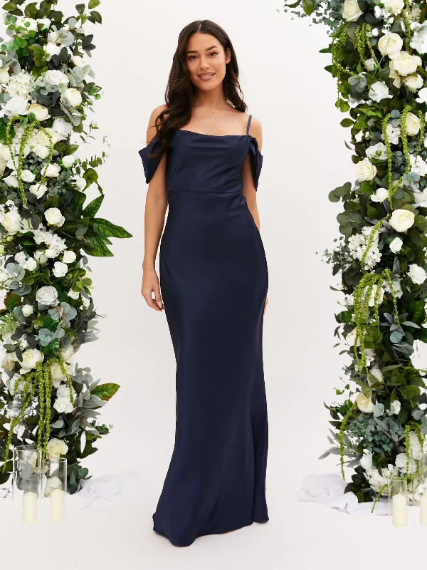 Discount Deals Cowl Neck Maxi Satin Dress / Navy