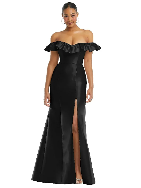 Final Clearance Off-the-Shoulder Ruffle Neck Satin Trumpet Gown
