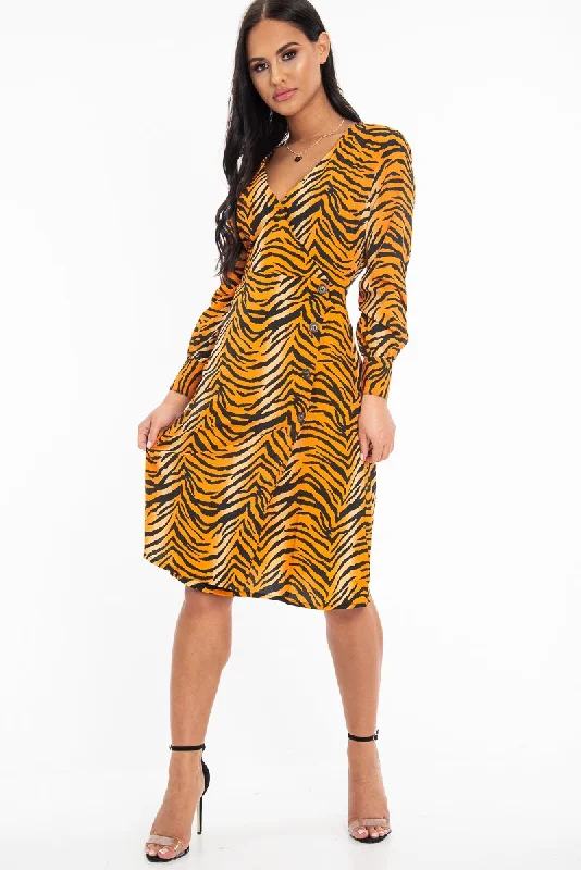 Amazing Deals Orange Tiger Print Plunge Wrap Button Front Midi Dress - Bettie