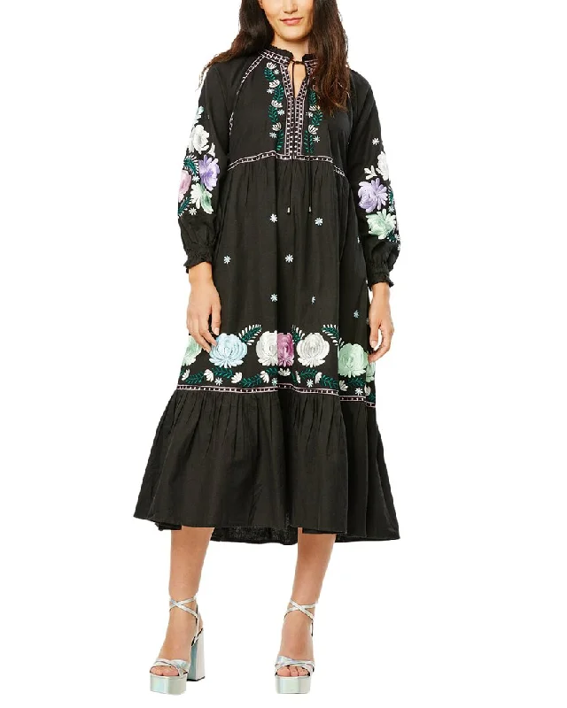 Closeout Sale Roller Rabbit Lucena Embroidered Garnet Linen-Blend Dress