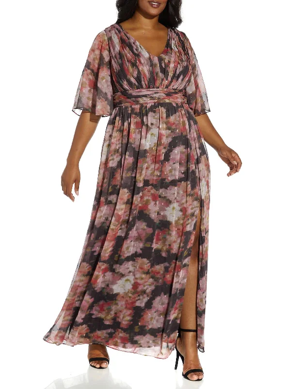 Price Cut Plus Womens Printed Draped Evening Dress