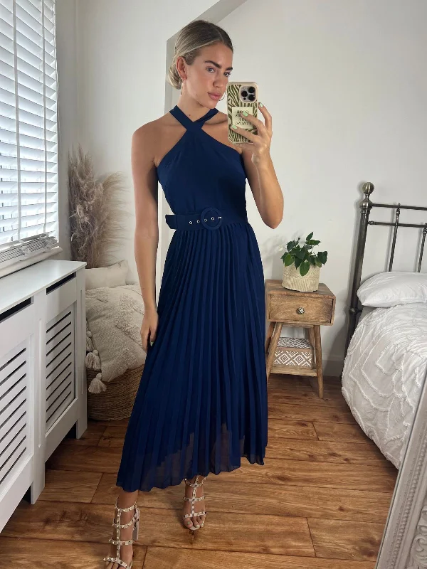Savings Bonanza Paige Halter Pleated Belted Dress / Navy