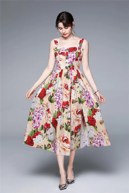 Extra Savings Multicolor Day A-line Off The Shoulder Strap Midi Floral Dress