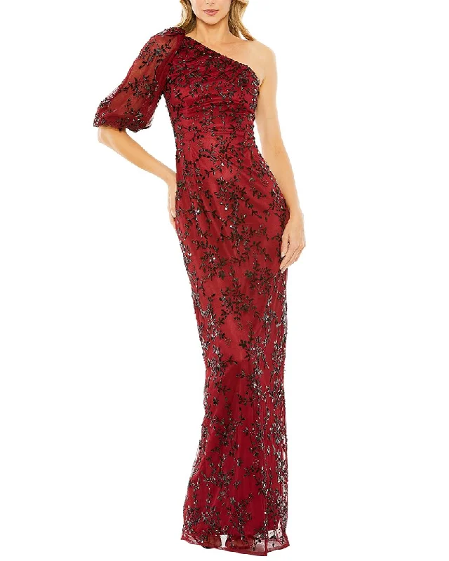 Price Rollback Mac Duggal One-Shoulder Puff Sleeve Embellished Column Gown