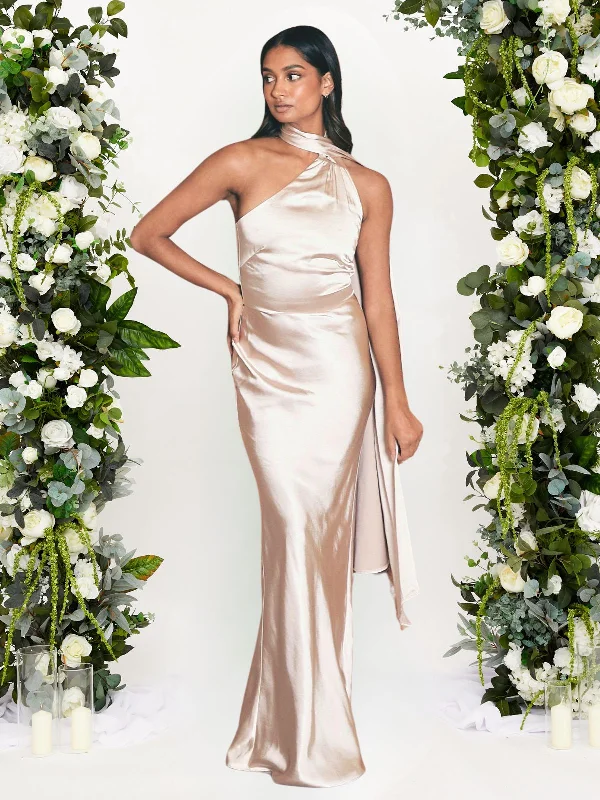 Savings Event Asymmetric Scarf Satin Maxi Dress / Champagne