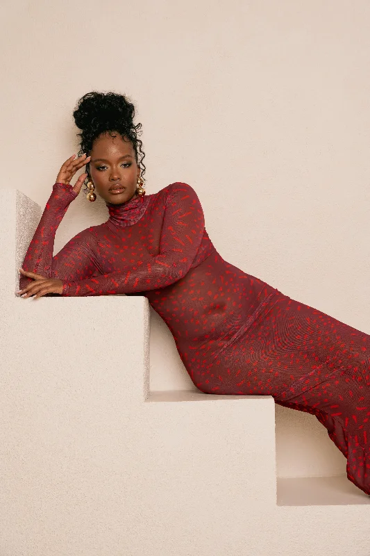 Super Deal AMINAH RED LONG SLEEVE MAXI MESH DRESS