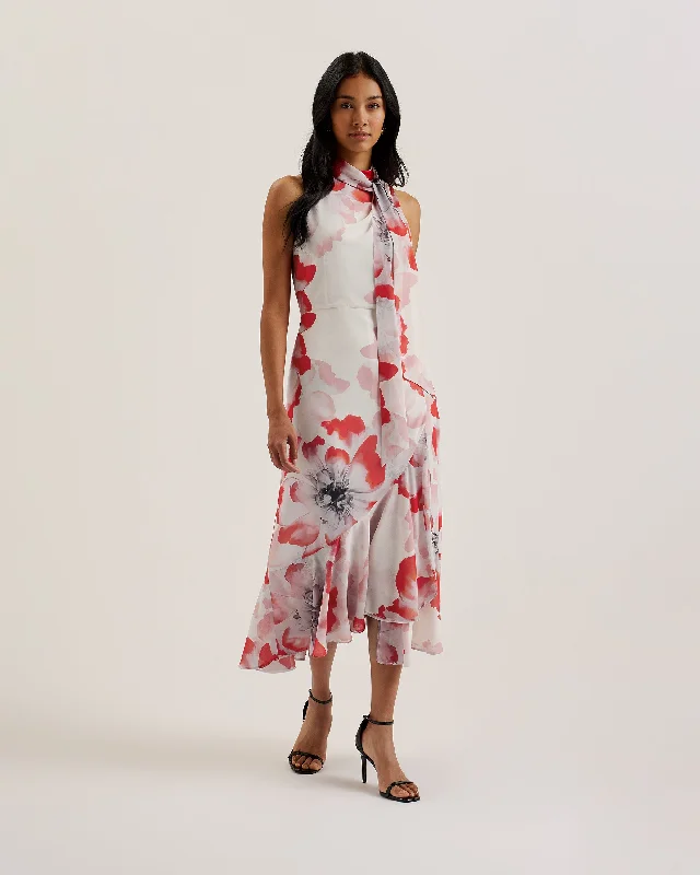 Savings Event Selino Tie Neck Printed Midi Dress Ivory