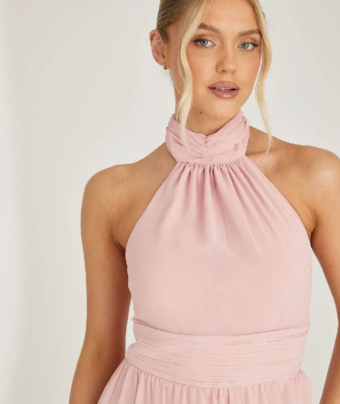 Midnight Madness Halter Neck Pleated Waist Chiffon Bridesmaid Dress - Peony Pink