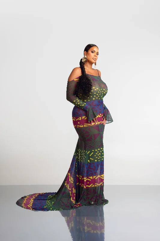 Weekend Deal ANU GREEN OFF SHOULDER MAXI MESH DRESS (TRAIN)