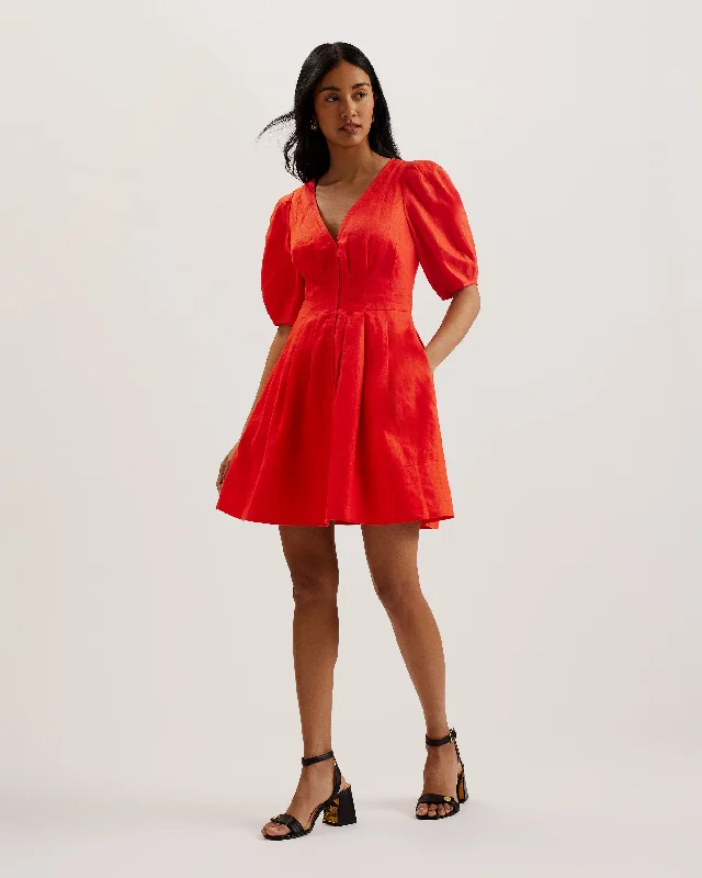 Major Savings Koyo Linen Puff Sleeve Mini Dress Red