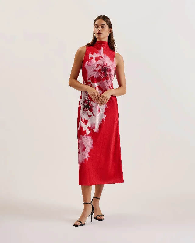 Savings Bonanza Aliara Printed Cowl Neck Midi Slip Dress Red