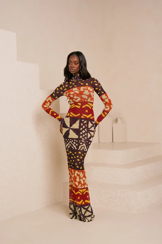 Warehouse Sale ANU BURGUNDY LONG SLEEVE MAXI MESH DRESS