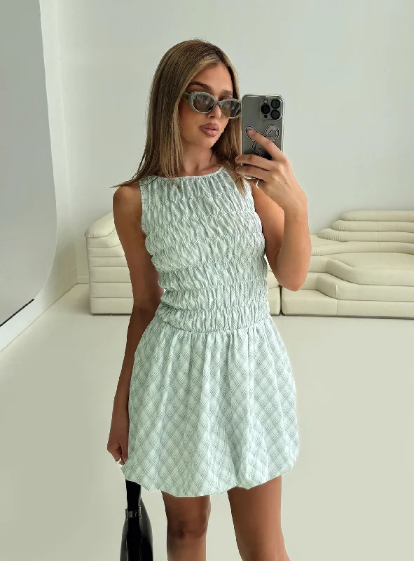 Grand Opening Sale Demure Shirred Bubble Hem Mini Dress Check
