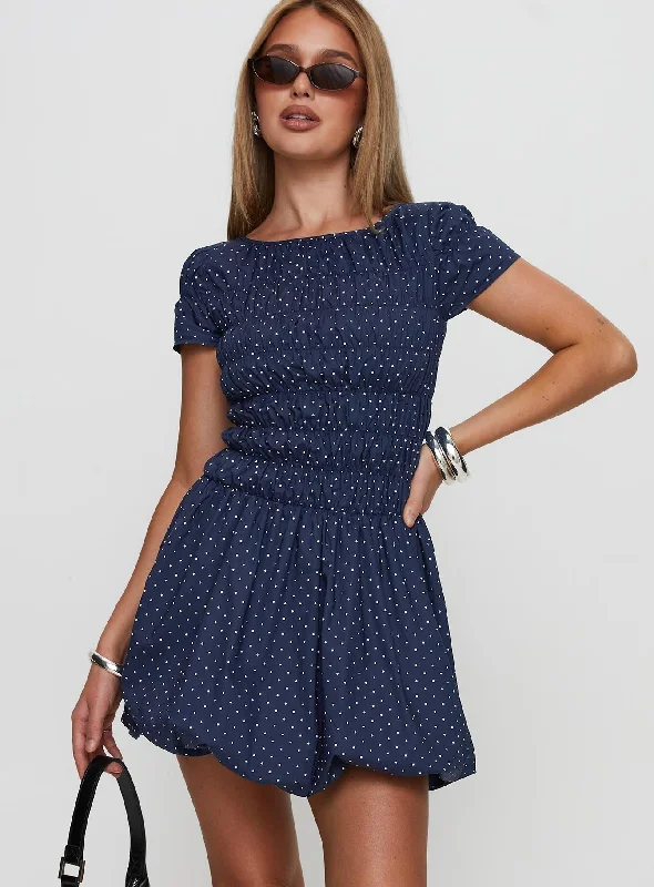 Deal Mania Kennedia Shirred Bubble Hem Mini Dress Navy