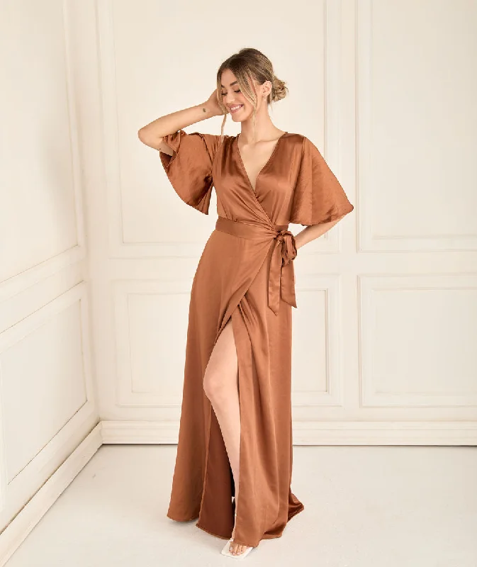 Sneak Peek Sale Wrap Tie Satin Bridesmaid Dress - Rust