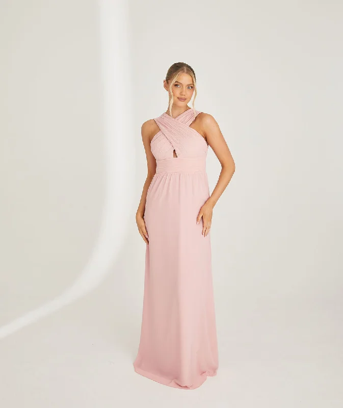 Instant Discount Cross Neck Pleated Waist Chiffon Bridesmaid Dress - Peony Pink