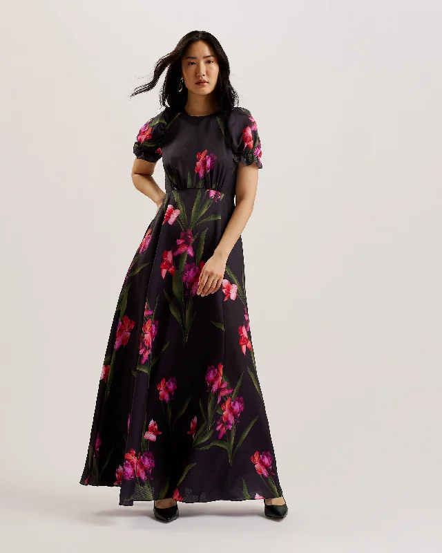 Massive Deals Loceie Puff Sleeve Printed Maxi Dress Black
