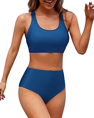 Sporty Criss Cross Back Two Piece Bikini Sports Crop Top Swimsuit-Blue