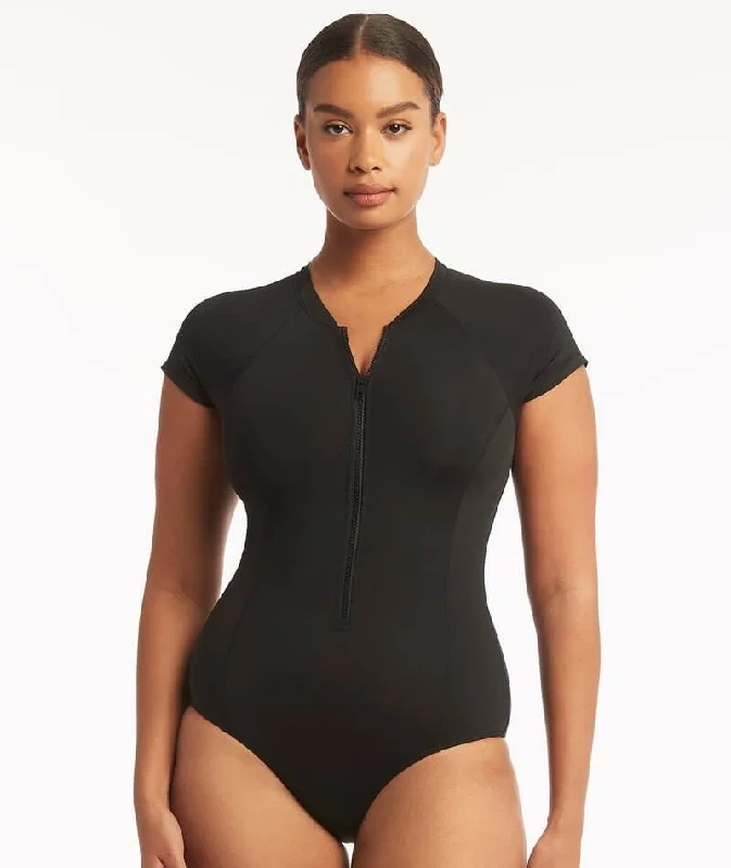 Daily Specials Sea Level Eco Essentials Short Sleeve A-DD Cup One Piece Swimsuit - Black