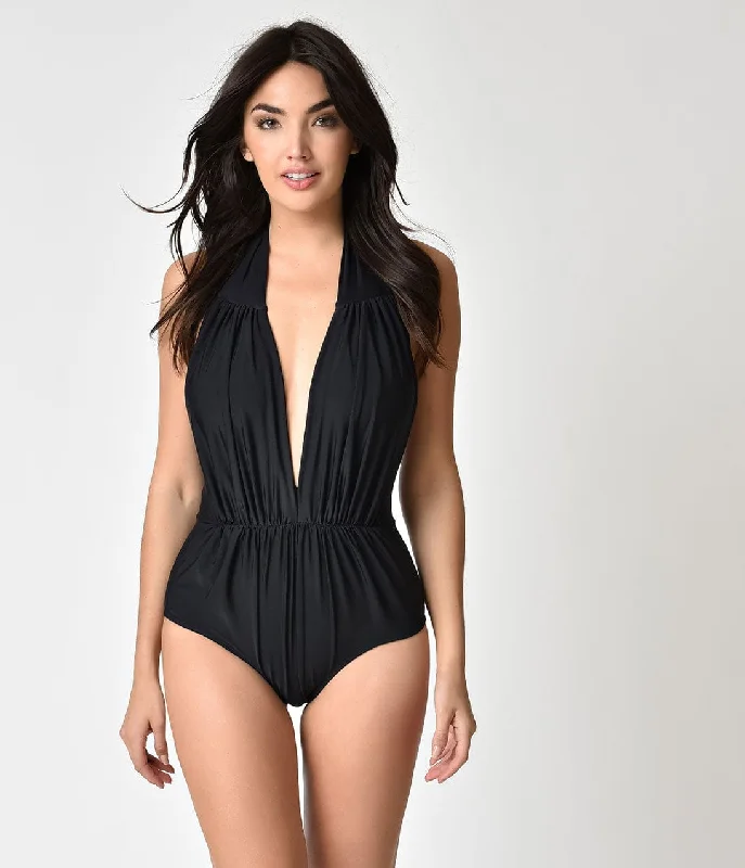 Deep Discounts Unique Vintage Black Halter Shirred Derek One Piece Swimsuit