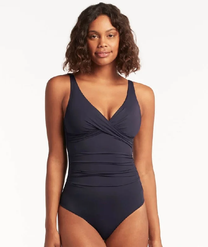 Shop and Save Sea Level Eco Essentials Cross Front A-DD Cup One Piece Swimsuit - Night Sky Navy