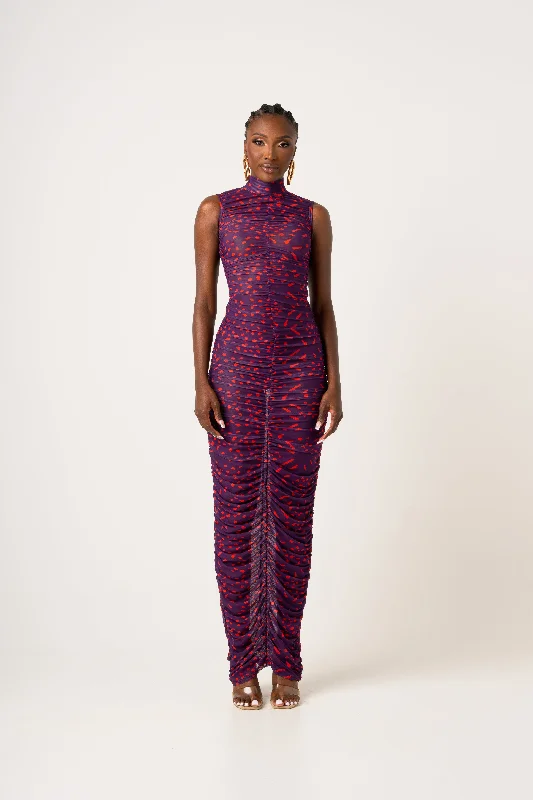 Friends and Family Sale AMINAH RUCHED MAXI MESH DRESS