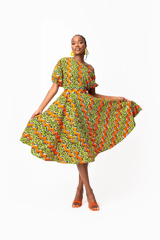 Flash Deals TANI African Print One-shoulder Midi Dress