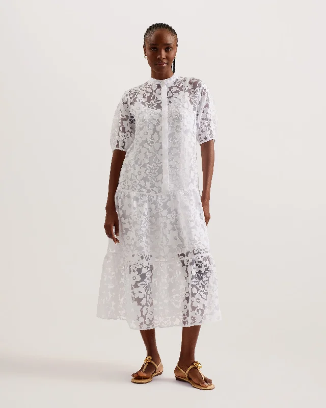 Doorbuster Deal Claarey Tiered Button Through Midi Dress White