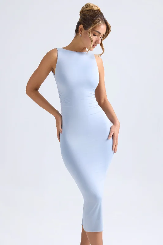 Now or Never Ruched Open-Back Midaxi Dress in Light Blue