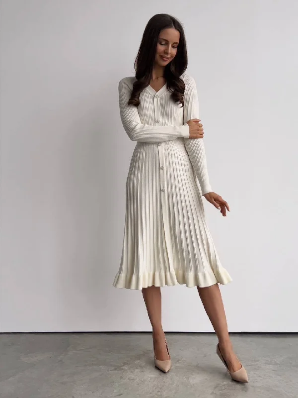 Epic Deals Ivory Ribbed Knit Midi Dress with Crystal Buttons