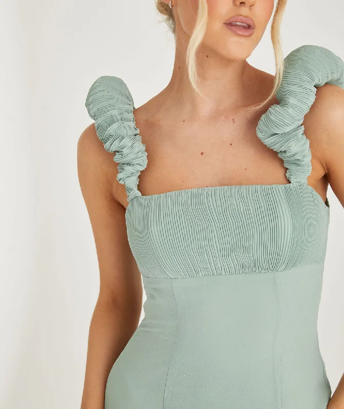 New Arrival Pleated Statement Shoulder Chiffon Bridesmaid Dress - Sage