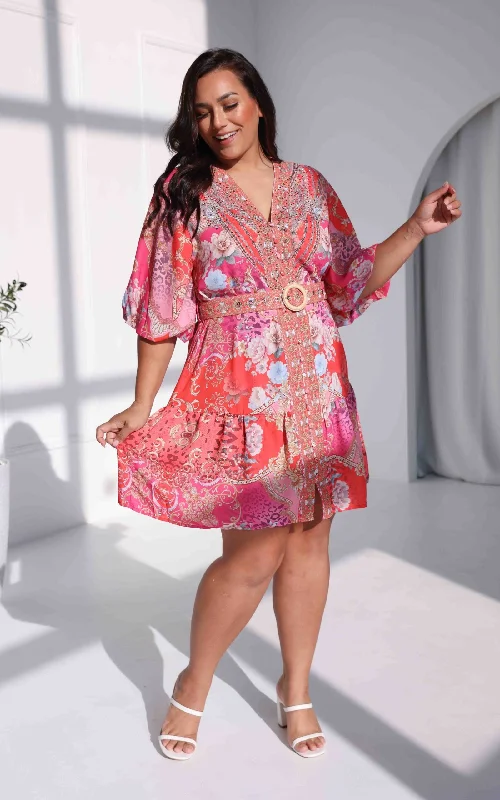 Great Bargains Gemini Gem Embellished Dress - Red Pink Multi Print