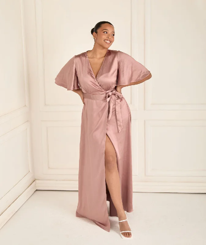 Overstock Sale Wrap Tie Satin Bridesmaid Dress - Rose