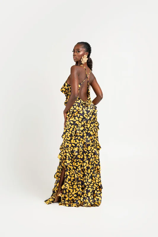 Super Deal SAKI BLACK RUFFLE MAXI DRESS