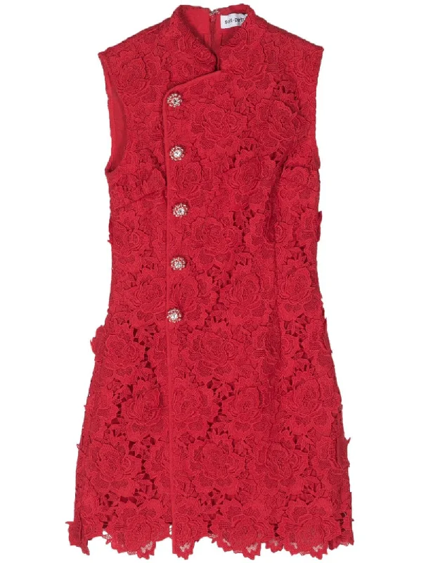 Savings Event CNY Red Flower Lace Mini Dress