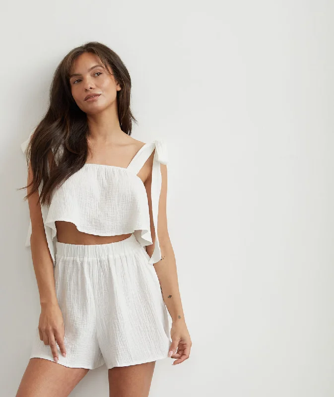 Act Now Tie Shoulder Cotton Cami and Short Night Set - Ivory