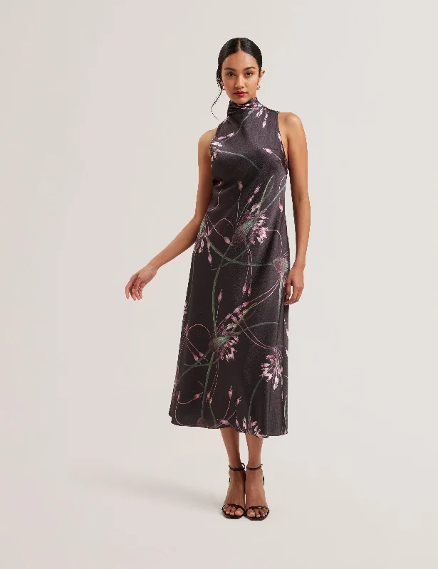 Midnight Madness Antua Printed Cowl Neck Midi Slip Dress Black