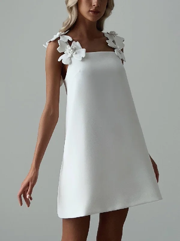 Deal Alert Elegant White Mini Dress with Floral Shoulder Detail