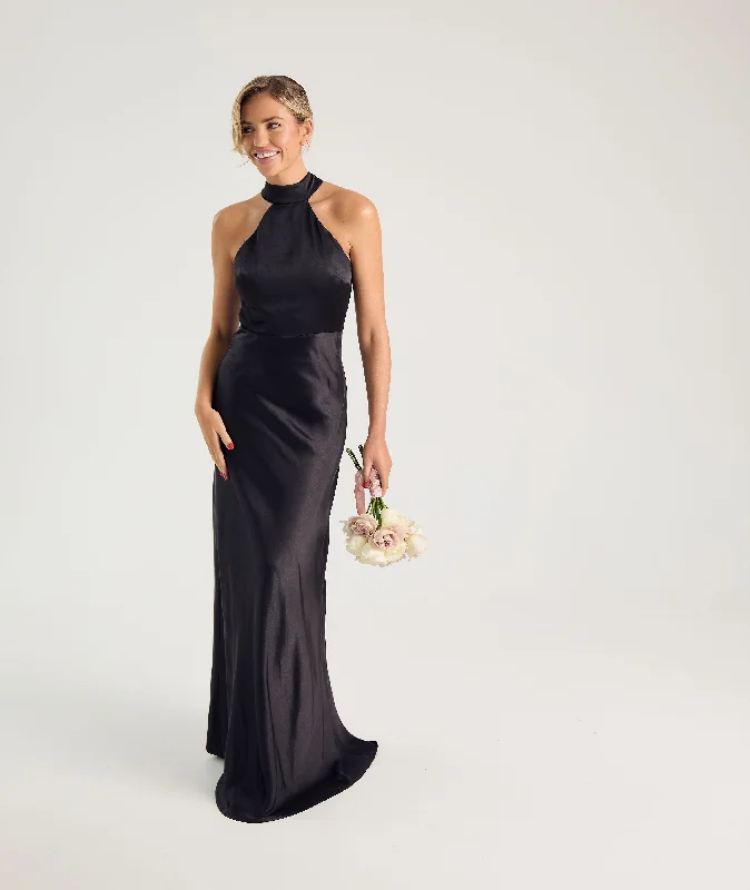 Price Reduction Halter Neck Satin Bridesmaid Dress - Black