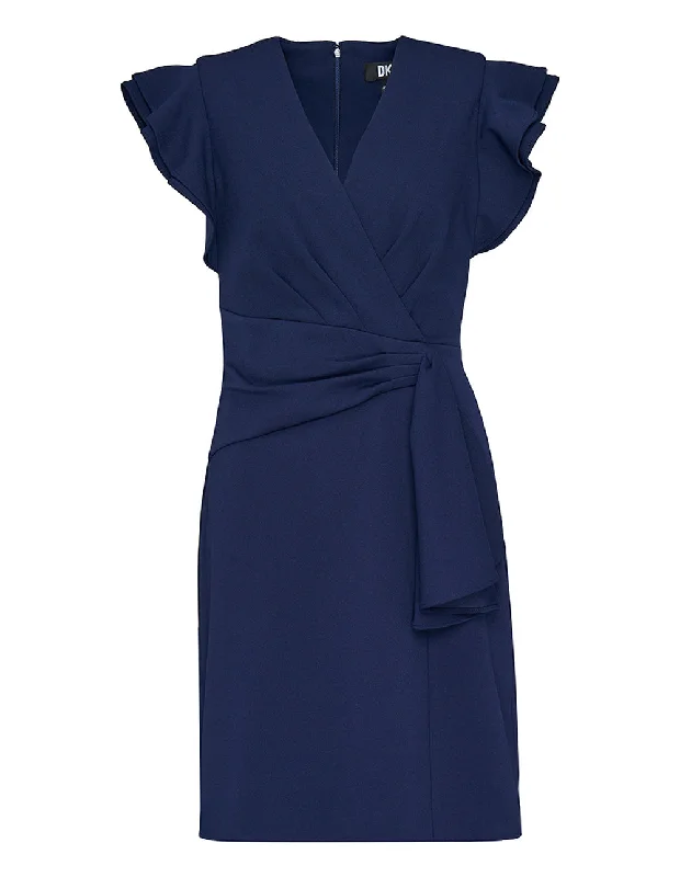 Discount Deals Scuba Crepe Ruffle Sleeve V-Neck Dress
