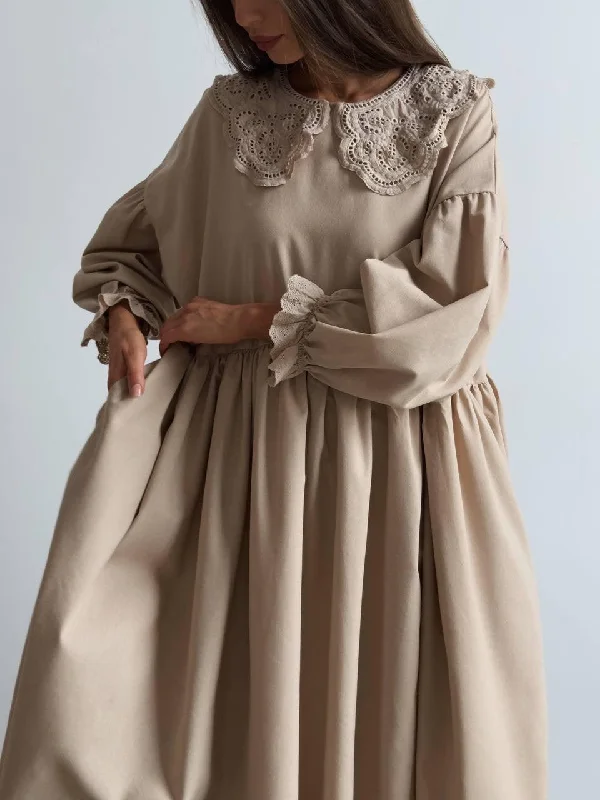 Sale Event Beige Midi Dress with Lace Collar