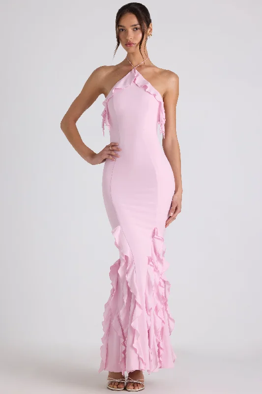 Great Deals Ruffle-Trim Halterneck Gown in Soft Pink