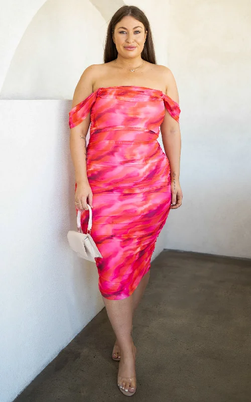 Best Deals Pandora Mesh Midi Dress - Pink Orange Print