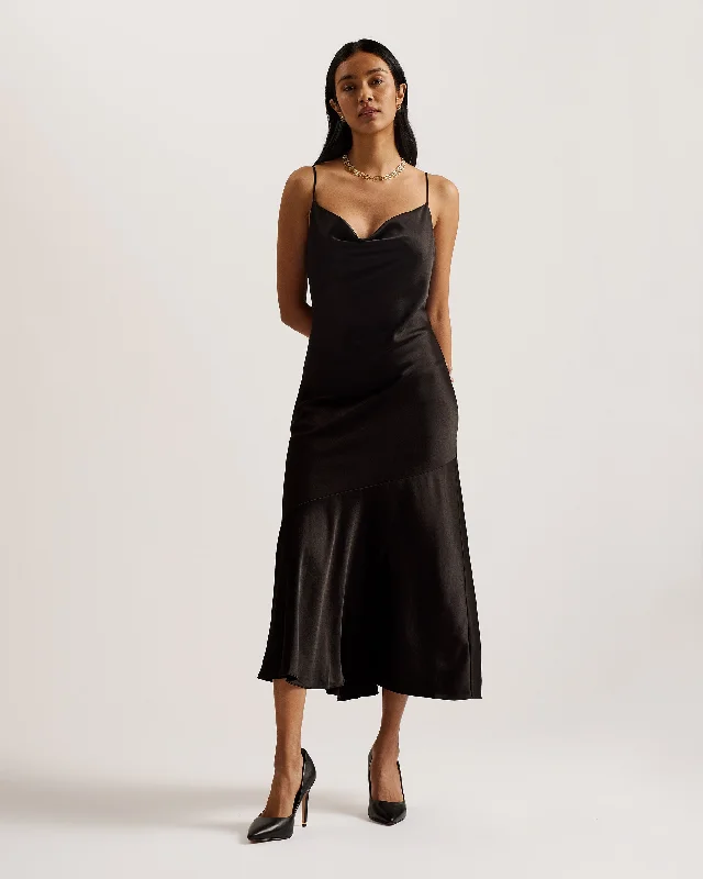 Year-End Clearance Tunca Satin Cowl Neck Evening Midi Dress Black