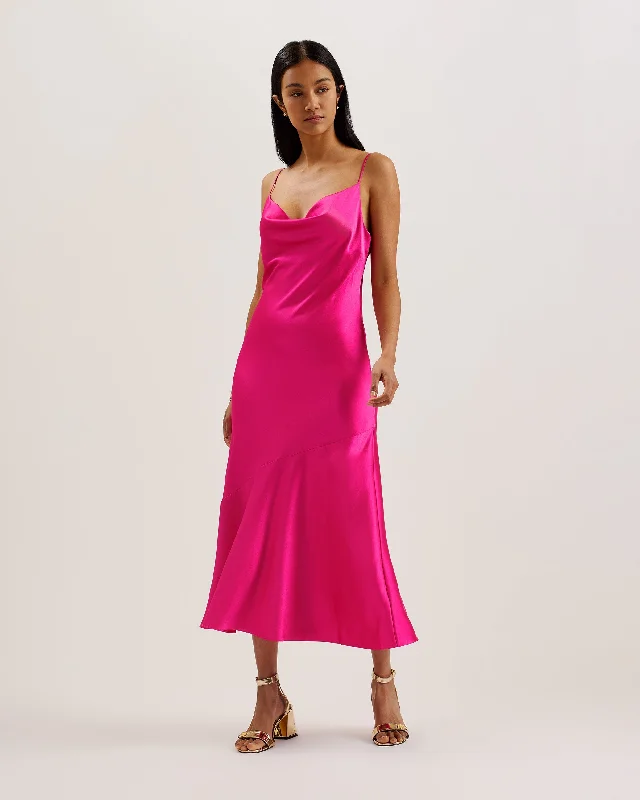Today's Special Tunca Satin Cowl Neck Evening Midi Dress Brt-Pink