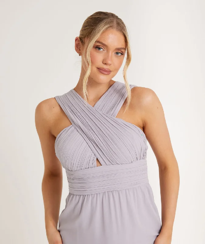 Deal Frenzy Cross Neck Pleated Waist Chiffon Bridesmaid Dress - Dusty Lilac
