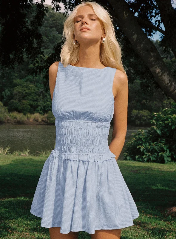 Super Sale Yennifer Shirred Mini Dress Blue / White Petite