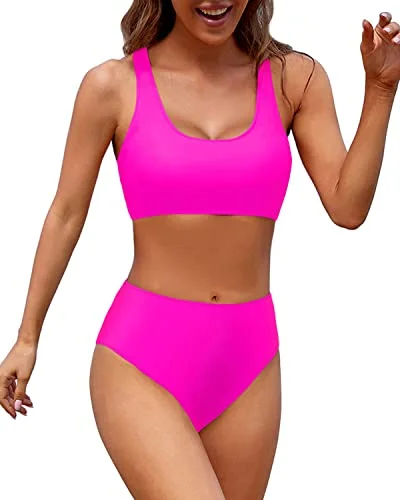 High Cut Legs Women Athletic Flattering Two Piece Bikini-Neon Pink